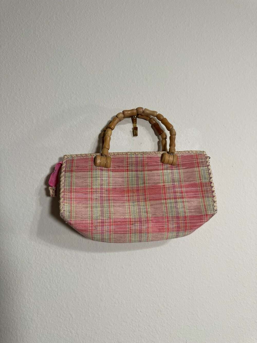 Vintage Pink Plaid Woven Straw Handbag with Wood Bead Top Handles